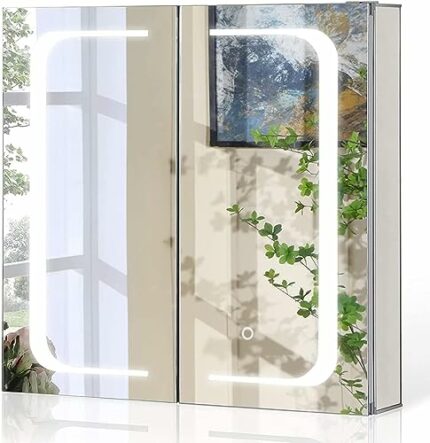 TMEE Bathroom Mirror Cabinet with LED Lights and Shaver Socket, Cosmetic Storage with Adjustable Shelf and Demister, 2 Doors, 630 W x 650mm H Ill