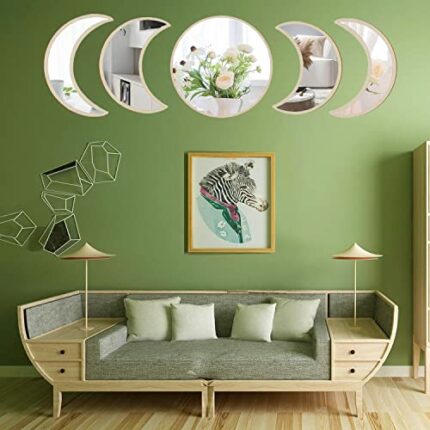 GIMURM 5pcs Moon Phase Mirror Set,Scandinavian Natural Real Glass Mirrors - Home Wall Decor for Home,Office,with Rope Self-Adhesive (Beige)