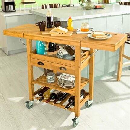 DNATS Extendable Kitchen Trolley Cart with 2 Folding Hinged Side Boards Removable Tray