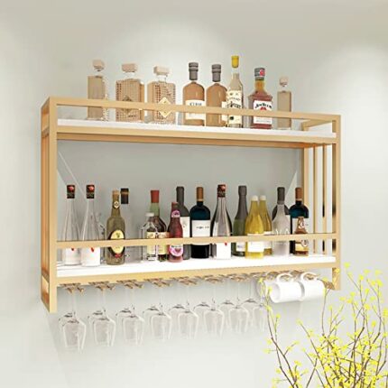 EYLINK Industrial Wall Mounted Wine Racks, Metal Hanging Wine Rack, Wine Bottle Stemware Glass Rack, Pipe Shelving Wood Shelves Floating Wine Gla