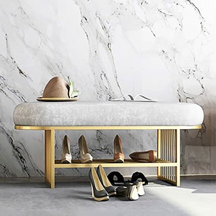 Luxurious Entryway Bench with Golden Shoe Rack,Velvet Shoe Bench Upholstered Bench Seat,Modern Shoe Rack Bench Shoe Storage Bench Shoe Organizer-