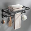 Towel Rack with Towel Bar - 60cm Bathroom Towel Rack Holder - Stainless Foldable Towel Shelves with Movable Hooks Black Wall Mount Towel Storage