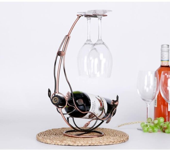 Ecostan Wine Holder Stand &Kitchen Tabletop Decoration，Metal Wine Bottle Rack for Holds 1 Bottle 2 Glasses（Bronze）
