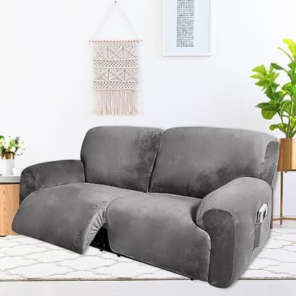 Fengshui 2 Seater Recliner Sofa Covers 6 Pcs Velvet Stretch Loveseat Couch Cover with Side Pocket, Soft Washable Reclining Chair Protector fit 75