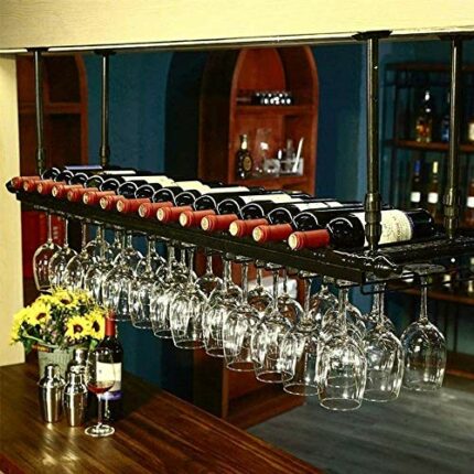 SUCHETA Hanging Wine Rack with Glass Holder and Shelf, Wine Lovers Bar Furniture& Wrought Iron Wine Rack Ceiling Cup Holder Double Storage Height