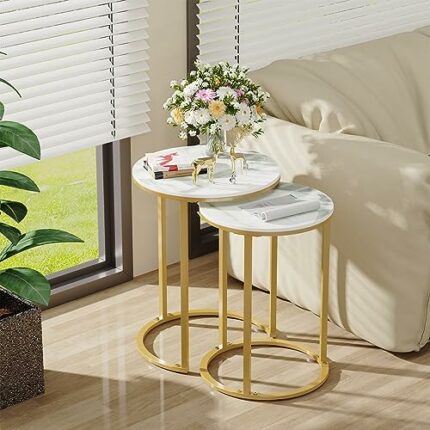 Marble Top Side Table Gold: 2 Nesting Small Sofa End Tables Round Bedside Nest Sets High Gloss Sintered Stone Marble Tabletop with Golden Metal L
