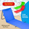 VFM - Blue Folding Sun Lounger Brightly Coloured Waterproof Portable Lightweight Summer Holiday Beach Back Support Fold Up Mat With Built In Shou