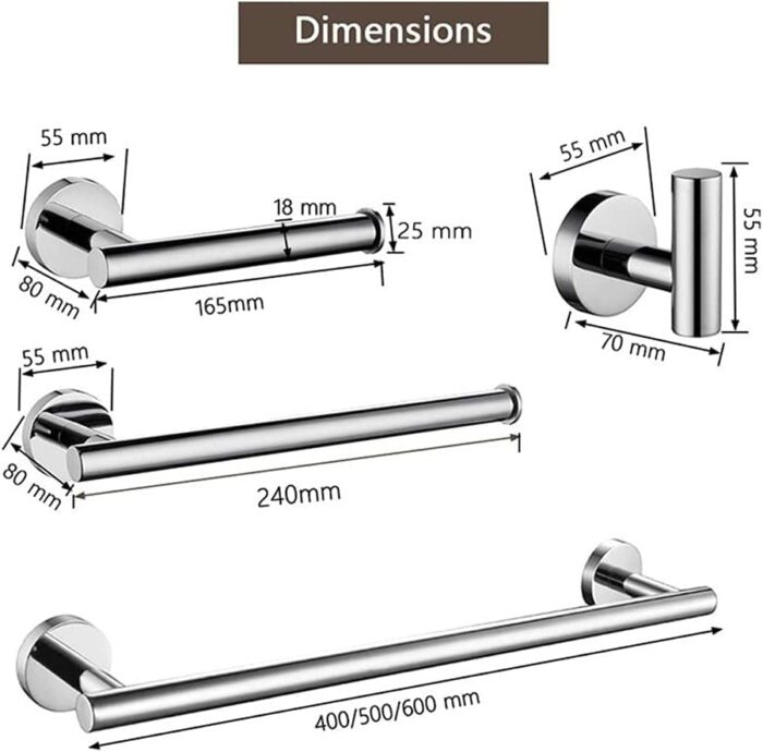 RAKUTE Towel Bar Shining Mirror Bathroom Hardware Set, Round Towel Bar Toilet Paper Holder, Towel Ring Robe Hook Stainless Steel Towel Rack Towel