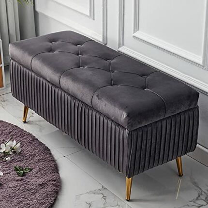 Velvet Storage Bench Rectangular Sofa Stool, Modern Tufted Button Storage Ottoman Benches, Upholstered Bench Seat with Gold Metal Legs, for Bedro