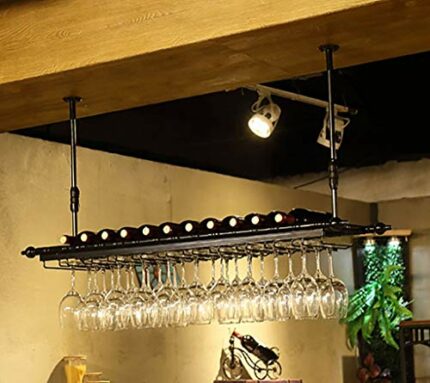 KEppd Ceiling Wine Rack, Adjustable Height Wall Hanging Metallic Iron Bottle Holder Wine Glass Holder Goblet Rack, Retro Style Creative Bar Decor