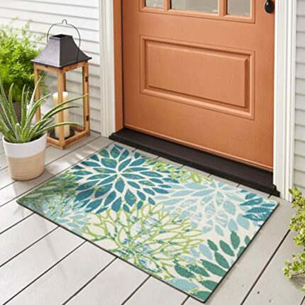 Taleta Sunshine Outdoor Doormats, Green Blue Flowers Weather Resistant Outdoor Rug for Recreation（Green,50 * 80cm）
