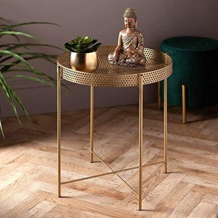 Round Side Table Gold End Table, Metal Tray Snack Table Coffee Tea Table Nightstand Sofa Table for Living Room Bedroom Balcony Patio, Living Room