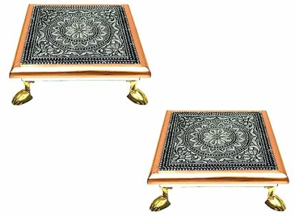 NM SELECT 2 x Handmade Oxidised Copper Bajot Low Table | Bajath Chowkie | Stool Stand for Idol or Vase | 6" x 6"