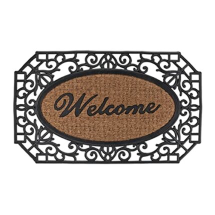 Relaxdays Rubber Hexagon Welcome, 45 x 75 cm, Door Mat Inside & Outside, Non-Slip Wiper, Black/Coir