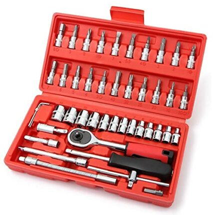 LSLANSOON 46 Pcs 1/4” Drive Socket Ratchet Wrench Set with Storage Case, Includes Metric Bit Socket Set and Extension Bar for Auto Repair and Hom