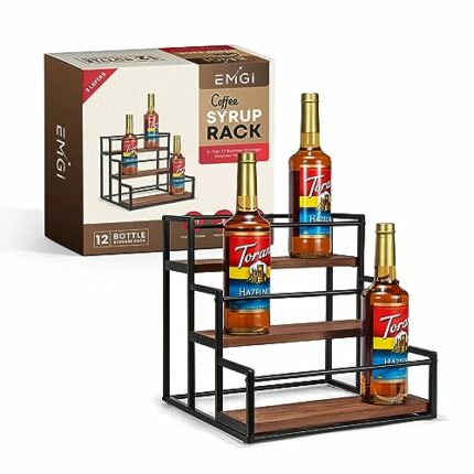 EmGi Premium Coffee Syrup Rack, Organizer Syrup Bottle Holder Stand for Coffee Bar, 12 Bottles Storage Shelves for Syrup, Wine, Dressing for Kitc