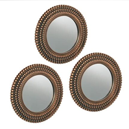 Relaxdays Set of 3 Mirrors, Ø 25 cm, Round, Wall Mounted, Plastic Frame, Ornamental, Bedroom & Hallway, Gold/Black, Glass