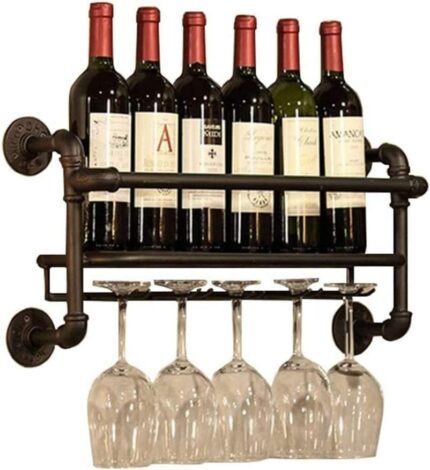 Vintage Wine Bottle Holder Industrial Wrought iron Wine Racks Wall Mounted Rustic Wine Glass Goblet Storage Organizer Rack