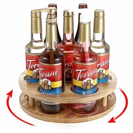 BSTKEY Rotating Syrup Bottle Holder Organizer, Vintage Wooden Coffee Syrup Rack Syrup Stand for Coffee Bar, 7 Bottles Countertop Freestanding Win