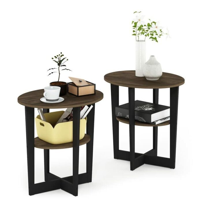 Furinno Oval End, Side Table, Nightstand, Engineered Wood, Columbia Walnut/Black, 2-Pack