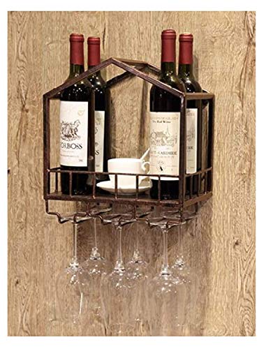 Stylish Simplicity Wine Rack Wall-Mounted Wine Rack and Glass Holder,Vintage Pine Wood and Wrought Iron Combination, Home and Kitchen Bar Decorat