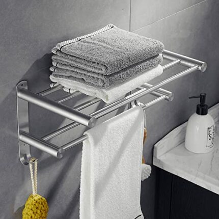 SHUNLI Towel Rail Towel Shelf with 2 Towel Bars, Stainless Steel Towel Holder for Bathroom, Wall Mounted Towel Rack with Hooks, Brushed Silver