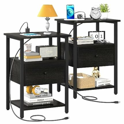 Yoobure Nightstands Set of 2, Night Stand with Charging Station Night Stand with USB Ports, Night Stands with Wood Drawer and Storage Shelf Bedsi