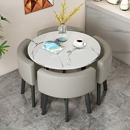Kitchen Table and Chairs for 4, 5-Piece Compact Dining Room Table Set，DI 31/35.4INCH Faux Marble Pattern Top and 4 PU Leather Upholstered Seat, M