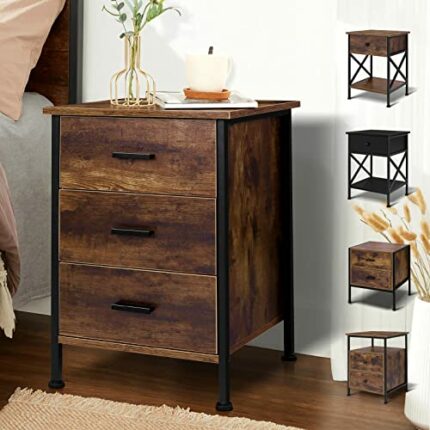 ELFORDSON Rustic Brown Side Table with 3 Drawers, Metal Frame Bedside Cabinet, Sofa End Side Table for Bedroom/Living Room/Hallway