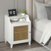 CharaVector Rattan Nightstand with Charging Station, Nightstand with Adjustable Storage Shelf&Solid Wood Legs, Nightstands Set of 2, Side Table,