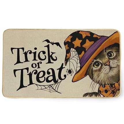 GEEORY Halloween Welcome Door Mat 17 x 29 Inch, Spooky Trick or Treat Wizard Cat Decorative Front Doormat Non-Slip Low-Profile Rug Decoration for