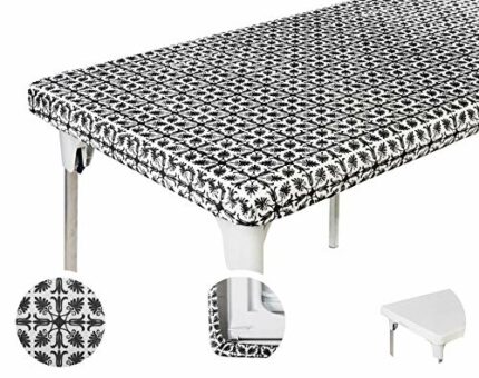 TopTableCloth 5 Foot 60 x 30 inch Black Patterned Tablecloth Elastic Corner Fitted Rectangular Folding Vinyl Table Cover Cloth Xmas Plastic Water