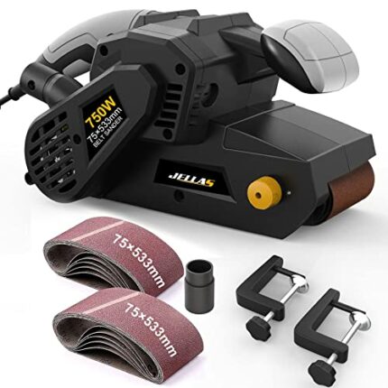 Jellas 750W Belt Sander 76×533mm with 10Pcs Sanding Belts and Dust Bag, Bench Sander with Variable-speed Control, 2 in 1 Vacuum Adapters, 10 Feet