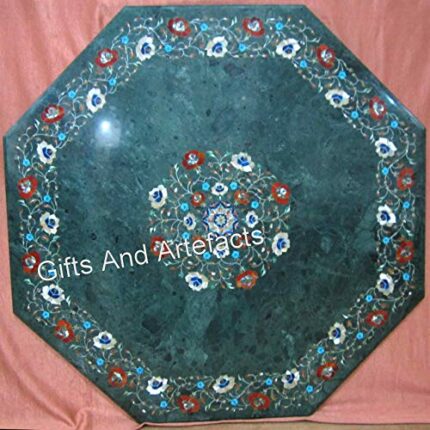 36 x 36 Inches Carnelian and MOP Inlay Work Kitchen Table with Royal Look Octagon Green Marble Dining Table Top