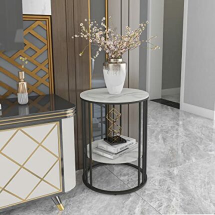 Marble Top Side Table Black: Small Circle End Tables 40 x 54cm Sintered Stone Bedside with Metal Black Legs Modern White Nightstand 2 Tier Round
