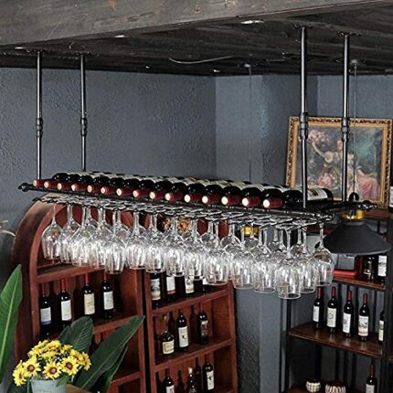SUCHETA Hanging Wine Rack with Glass Holder and Shelf, Bottle Wall Mountable Wine Rack Shelf Wine Glass Holder Wine Bottle Rack Adjustable Height