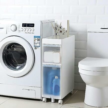 Narrow Tall Floor Cabinet for Bathroom, Vertical Storage Unit with 4 Clear Drawers and Casters, Slim Freestanding Narrow Dresser Tower Storage Dr