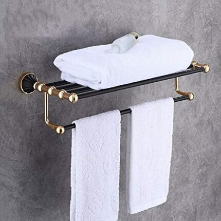 Towel Rack, Simple Bath Towel Rack Double-Layer Aluminum Alloy, Fashionable Black Gold Bathroom Rack Kitchen Bathroomniture Ornament