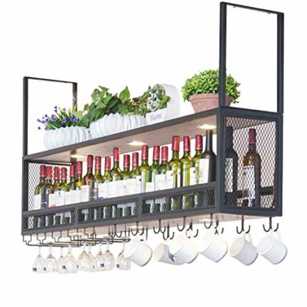 KEppd Wine Rack Wall | Hanging Ceiling Mounted Wine Rack Wooden | Metal Wine Bottle Holder with Spotlights | Suspended Wine Glass Holder | Wine H