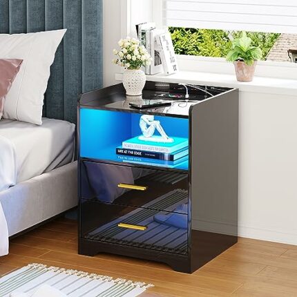 WOOVIVS Black Nightstand with USB+Type-C+Wireless Charging Station, LED Night Stand has 24-Colors Lights, Side End Table with Sensor Mode, High-G