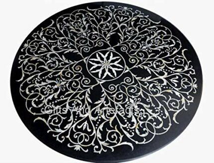Gifts And Artefacts 36 x 36 Inches MOP Inlay Work Dining Table Top for Home Furniture Decor Round Shape Black Marble C