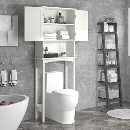Merax Over-The- Toilet Storage, Freestanding Bathroom Cabinet with Two Doors and Adjustable Shelf, White, Engineered Wood