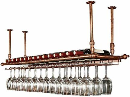 SUCHETA Hanging Wine Rack with Glass Holder and Shelf, Adjustable Height Wine Rack Ceiling Wine Racks Hanging Wine Glass Holder Vintage Wine Bott