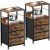 Black Nightstand with Drawer Set of 2, Tall End Table Bedroom Night Stand Side Table with 3 Fabric Drawers Modern Bedside Table with Storage Shel
