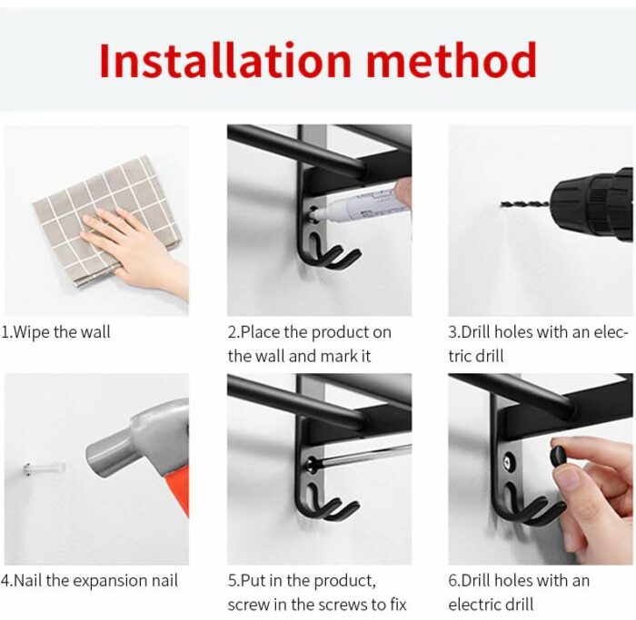 MENES Bathroom Towel Rack, Aluminum Wall Mounted Stainless Steel Self Adhesive Towel Rail, Towel Holder with 2 Towel, with 5 Hooks, for Home Bath