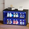 CHF DPT Sneaker Storage with LED Lights for Up To 6 Pairs of Shoes, Shoe Case Display with Glass Door, Clear Shoe Boxes Stackable and Wooden Show