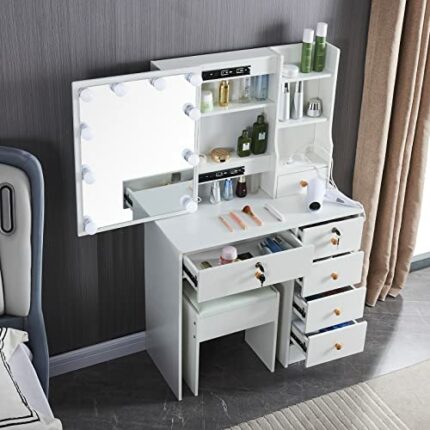 Dradaomull Modern Vanity Table with Chair and Charging Station, White Makeup Dressing Table with Large Mirror 10 Bulbs Dresser Desk for Women Gir