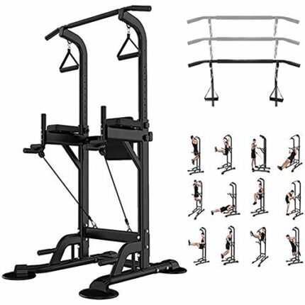 WSHA Dip Station Pull Up Bar Power Tower with Drawstrings and rings for Home Gym Strength Training Workout Equipment, 330lbs
