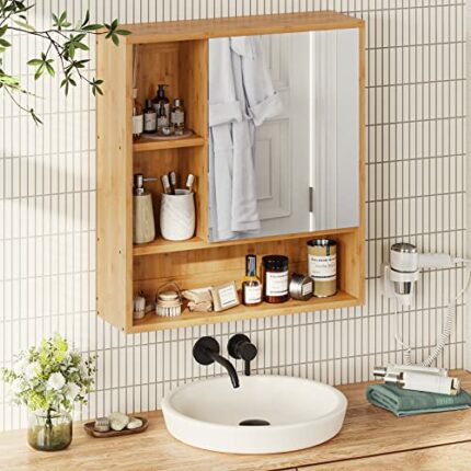 FORABAMB Medicine Cabinet with Mirror, Bathroom Vanity Mirror Cabinets Wall Mounted with Storage Shelves, Bamboo Hanging Wall Cabinet with Door a