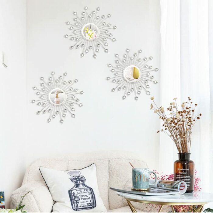 3 Pack Acrylic Burst Wall Mirror Metal Faux Diamonds Mirrors Bling Home Decorative Hanging Wall Art for Living Room Bedroom-Sliver